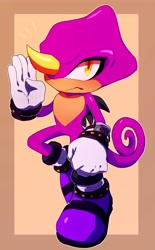 Size: 2425x3900 | Tagged: safe, artist:bongwater777, espio the chameleon (sonic), chameleon, lizard, reptile, anthro, sega, sonic the hedgehog (series), 2020, abstract background, amber eyes, clothes, curled tail, digital art, front view, gloves, high res, horn, male, purple scales, scales, shoes, solo, solo male, tail