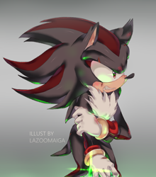 Size: 900x1021 | Tagged: safe, artist:lazoomaiga, shadow the hedgehog (sonic), hedgehog, mammal, anthro, sega, sonic the hedgehog (series), 2018, black fur, blood, chest fluff, clothes, digital art, fluff, fur, gloves, gradient background, male, quills, red eyes, signature, solo, solo male, tail