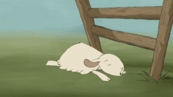 Size: 600x338 | Tagged: safe, artist:catherine poirier, bovid, caprine, lamb, mammal, sheep, feral, 2d, 2d animation, animated, cute, eyes closed, fence, frame by frame, gif, grass, sleeping, solo, solo ambiguous