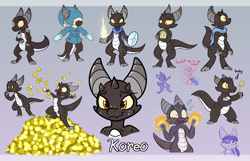 Size: 1550x1000 | Tagged: safe, artist:heir of rick, oc, oc only, oc:koreo, fictional species, kobold, reptile, anthro, dungeons & dragons, agender, backpack, book, claws, clothes, colored sclera, eyepatch, flower, gold, horns, jacket, no pupils, reptile feet, scales, scarf, shield, sketch, socks, solo, tail, topwear