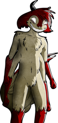 Size: 1294x2743 | Tagged: safe, artist:skashi95, oc, oc only, oc:sumairu (skashi95), demon, fictional species, grinion, mammal, anthro, cc by-nc, creative commons, barbie doll anatomy, chest fluff, creepy, featureless chest, featureless crotch, fluff, front view, fur, horns, male, multiple arms, no pupils, red fur, simple background, smiling, solo, solo male, standing, tail, teeth, transparent background, white fur
