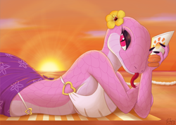 Size: 1280x905 | Tagged: safe, artist:cherish cat, reptile, snake, anthro, beach, bra, breasts, clothes, female, looking at you, lying down, ocean, outdoors, prone, scales, side view, slit pupils, solo, solo female, sun, sunscreen, sunset, tongue, tongue out, underwear, water