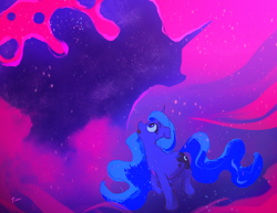Size: 3300x2550 | Tagged: safe, artist:thefloatingtree, princess luna (mlp), tantabus (mlp), alicorn, equine, fictional species, mammal, pony, feral, friendship is magic, hasbro, my little pony, 2020, atg 2020, duo, ethereal mane, female, high res, horn, looking up, mare, newbie artist training grounds, tail