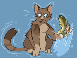 Size: 2224x1668 | Tagged: safe, artist:wheezybreezy-uwu, bass, cat, feline, fish, mammal, feral, minecraft, youtube, blue background, blue eyes, brown fur, catified, connoreatspants, feralized, fins, fish tail, fur, male, simple background, smplive, solo, solo focus, solo male, species swap, tail, this will end in death, water