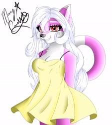 Size: 1843x2048 | Tagged: safe, artist:pearl123_art, oc, oc only, cat, feline, mammal, anthro, 2019, arms behind back, clothes, dress, female, grin, signature, simple background, smiling, solo, solo female, tail, white background