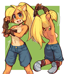 Size: 1112x1272 | Tagged: suggestive, artist:wamudraws, coco bandicoot (crash bandicoot), bandicoot, mammal, marsupial, anthro, plantigrade anthro, crash bandicoot (series), blushing, bottomwear, breasts, clothes, female, fingerless gloves, gloves, green eyes, looking at you, outfit swap, partial nudity, shoes, shorts, sideboob, smiling, sneakers, solo, solo female, stretching, sweat, topless