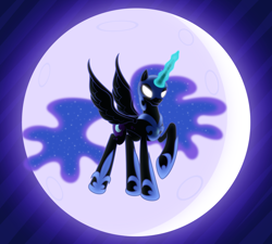 Size: 4570x4106 | Tagged: safe, artist:psyxofthoros, nightmare moon (mlp), alicorn, equine, fictional species, mammal, pony, feral, friendship is magic, hasbro, my little pony, .svg available, 2013, absurd resolution, bat wings, ethereal mane, evil grin, female, flying, glowing, glowing eyes, glowing horn, grin, helmet, horn, mare, moon, night, peytral, solo, solo female, tail, vector, webbed wings, wings