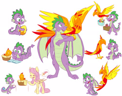 Size: 2048x1607 | Tagged: safe, artist:doodlemark, fluttershy (mlp), peewee (mlp), spike (mlp), bird, dragon, equine, fictional species, mammal, pegasus, phoenix, pony, western dragon, anthro, feral, semi-anthro, friendship is magic, hasbro, my little pony, basket, comic book, egg, group, happy, male, older, smiling, tail, trio