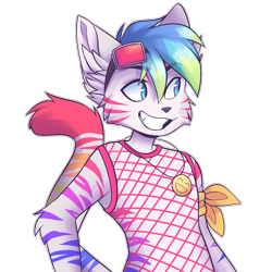 Size: 1400x1400 | Tagged: safe, artist:foxsnacks, emoticon (lapfox), cat, feline, mammal, anthro, lapfox trax, armband, blue hair, clothes, cyan eyes, fishnet, fur, goggles, gradient hair, green hair, grin, hair, jewelry, male, necklace, rainbow fur, see-through, simple background, solo, solo male, tail, tank top, topwear, transparent background, white fur