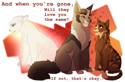 Size: 2900x1900 | Tagged: safe, artist:purespiritflower, snowfur (warrior cats), spottedleaf (warrior cats), cat, feline, fictional species, ghost, mammal, undead, feral, warrior cats, age difference, female, feral/feral, fur, group, lyrics, male, male/female, shipping, simple background, snowthistle (warrior cats), spottedthistle (warrior cats), starclan, tail, the hush sound, thistleclaw (warrior cats), transparent background, trio