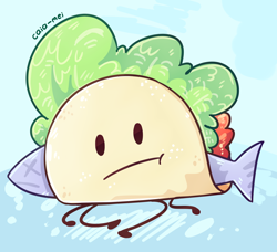 Size: 2562x2341 | Tagged: safe, artist:caia-mei, taco (bfdi), animate food, animate object, fictional species, fish, feral, battle for dream island, female, food, high res, not furry focus, solo, solo female, taco, tail