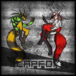 Size: 2449x2449 | Tagged: safe, artist:zlden, negaren (lapfox), renard queenston (lapfox), canine, fox, mammal, anthro, digitigrade anthro, lapfox trax, abstract background, amber eyes, arm fluff, black border, black fur, black hair, black outline, bones, claws, clothes, coat, dreadlocks, dress, duality, duo, duo male, ear tuft, english text, facial markings, fluff, fur, gloves (arm marking), green hair, hair, hands, hat, high res, jagged mouth, leg fluff, male, males only, mask (facial marking), nurse, nurse hat, nurse outfit, orange fur, paws, red eyes, red fur, red hair, series name, shirt, side view, socks (leg marking), striped clothes, striped fur, striped shirt, striped tail, stripes, tail, tail fluff, tail tip (marking), text, three-quarter view, topwear, white fur, white hair