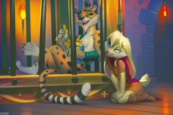 Size: 1200x800 | Tagged: safe, artist:miles-df, bianca (spyro), hunter the cheetah (spyro), cheetah, feline, lagomorph, mammal, rabbit, anthro, cheetos, frito-lay, spyro the dragon (series), cage, chips, duo, eating, female, food, fur, looking at each other, male, snack, tail