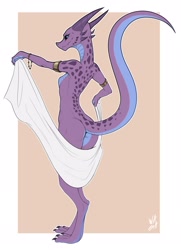 Size: 1645x2273 | Tagged: suggestive, artist:waga, fictional species, kobold, reptile, anthro, border, butt, female, flat chest, looking at you, raised tail, solo, solo female, standing, tail, white border