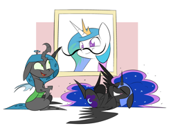 Size: 2866x2092 | Tagged: safe, artist:underpable, nightmare moon (mlp), princess celestia (mlp), queen chrysalis (mlp), alicorn, arthropod, changeling, changeling queen, equine, fictional species, mammal, pony, feral, friendship is magic, hasbro, my little pony, chibi, cute, drawing, female, fur, group, high res, horn, marker, moustache, picture frame, pure unfiltered evil, simple background, sparkly mane, sparkly tail, tail, trio, white background
