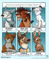 Size: 1005x1200 | Tagged: safe, artist:tanidareal, charlie (all dogs go to heaven), fiver (watership down), kimba (kimba), legoshi (beastars), red xiii (final fantasy), thomas o'malley (the aristocats), big cat, canine, cat, dog, feline, german shepherd, lagomorph, lion, mammal, rabbit, wolf, anthro, feral, six fanarts, all dogs go to heaven, beastars, disney, final fantasy, kimba the white lion (series), square enix, sullivan bluth studios, tezuka productions, the aristocats, watership down, blue background, character name, crossover, english text, fur, group, male, signature, simple background, tail, text, watermark