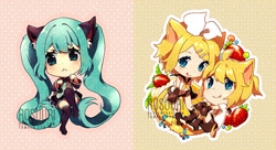 Size: 739x401 | Tagged: safe, artist:rosuuri, len kagamine (vocaloid), miku hatsune (vocaloid), rin kagamine (vocaloid), animal humanoid, cat, feline, fictional species, mammal, humanoid, vocaloid, blonde hair, blue eyes, brother, brother and sister, chibi, cute, cyan hair, female, fur, group, hair, low res, male, siblings, sister, species swap, trio, twins