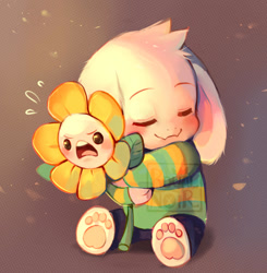 Size: 1221x1245 | Tagged: safe, artist:royalnoir, asriel dreemurr (undertale), flowey (undertale), animate plant, bovid, fictional species, goat, mammal, anthro, plantigrade anthro, undertale, blushing, clothes, cute, duo, duo male, flower, fur, gray background, hug, male, males only, obtrusive watermark, paw pads, paws, self paradox, simple background, sweater, topwear, tsundere, watermark, young