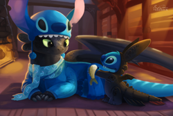 Size: 1500x1000 | Tagged: safe, artist:tsaoshin, stitch (lilo & stitch), toothless (httyd), alien, dragon, experiment (lilo & stitch), fictional species, fish, night fury, reptile, western dragon, feral, semi-anthro, disney, dreamworks animation, how to train your dragon, lilo & stitch, 2014, ambiguous gender, clothes, cosplay, costume, crossover, cute, duo, duo focus, duo male, fins, group, male, males only, tail, trio, wholesome