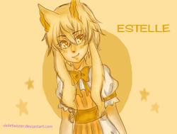 Size: 1350x1020 | Tagged: safe, artist:violetwister, oc, oc only, oc:estelle (iamirrora), animal humanoid, canine, fictional species, fox, mammal, humanoid, female, fur, monochrome, simple background, solo, solo female, yellow background