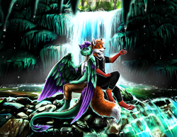Size: 2785x2153 | Tagged: safe, artist:tatujapa, oc, oc only, canine, dragon, fictional species, fox, mammal, red fox, anthro, digitigrade anthro, plantigrade anthro, ambiguous gender, duo, fur, high res, scenery, scenery porn, tail, water, waterfall, wings