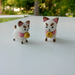 Size: 1000x1000 | Tagged: safe, artist:goosenchan, canine, cat, dog, feline, hybrid, mammal, feral, bee and puppycat, bell, clay, craft, duo, figurine, fur, irl, male, photo, photographed artwork, puppycat (bee and puppycat)