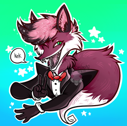 Size: 616x611 | Tagged: safe, artist:carcinoaj, oc, oc only, canine, fox, mammal, anthro, animal jam (game), bow tie, clothes, fur, gradient background, kek, male, obtrusive watermark, solo, solo male, speech bubble, suit, tail, watermark