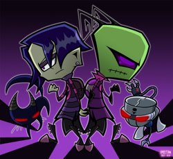 Size: 1050x963 | Tagged: safe, artist:spectra22, alien, cat, feline, fictional species, human, irken, mammal, robot, sir unit (invader zim), feral, humanoid, invader zim, nickelodeon, disguise, duality, duo, duo female, female, mimi (invader zim), purple background, simple background, tak (invader zim), young