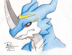 Size: 1280x982 | Tagged: safe, artist:wolfragy, dragon, exveemon, fictional species, reptile, veemon, anthro, digimon, bipedal, horn, male, signature, simple background, smiling, solo, solo male