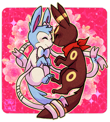 Size: 555x613 | Tagged: safe, artist:clawcraps, eeveelution, fictional species, shiny pokémon, sylveon, umbreon, feral, nintendo, pokémon, ambiguous gender, bandanna, cute, duo, feral/feral, interspecies, shipping, simple background, tail, transparent background