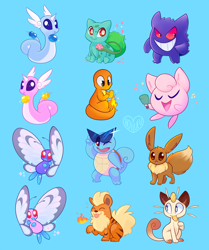 Size: 800x958 | Tagged: safe, artist:hollulu, amphibian, bulbasaur, butterfree, charmander, dratini, eevee, eeveelution, fictional species, gengar, growlithe, jigglypuff, mammal, meowth, reptile, shiny pokémon, squirtle, feral, semi-anthro, nintendo, pokémon, ambiguous gender, blue background, cute, eyes closed, fire, flower, fur, glasses, group, looking at you, microphone, one eye closed, simple background, sitting, starter pokémon, sunglasses, tail, winking