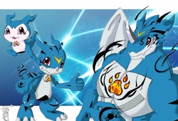 Size: 1280x871 | Tagged: safe, artist:akita77, dragon, exveemon, fictional species, reptile, veemon, feral, digimon, bipedal, demiveemon, horn, male, simple background, smiling, solo, solo male, tail, thumbs up, webbed wings, wings