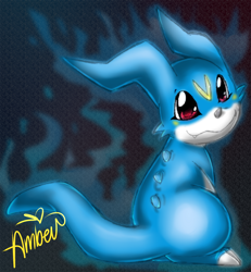 Size: 1118x1212 | Tagged: safe, artist:eeviechu, dragon, fictional species, reptile, veemon, feral, digimon, bipedal, looking at you, male, simple background, smiling, solo, solo male, tail