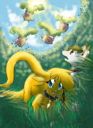 Size: 933x1280 | Tagged: safe, artist:eeviechu, oc, oc only, canine, fictional species, fox, hoppip, mammal, feral, nintendo, pokémon, collar, confused, female, fur, grass, group, happy, looking up, male, smiling, tail, trio