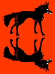 Size: 954x1274 | Tagged: safe, artist:sichkaa, canine, mammal, wolf, feral, ambiguous gender, duality, fur, monochrome, neo noir, red background, simple background, solo, solo ambiguous, tail