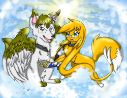 Size: 1280x992 | Tagged: safe, artist:eeviechu, oc, oc only, oc x oc, canine, fox, mammal, feral, collar, duo, female, fur, male, male/female, shipping, sitting, tail, wings