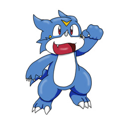 Size: 500x500 | Tagged: safe, artist:soukouryu, dragon, fictional species, reptile, veemon, feral, digimon, bipedal, happy, low res, male, open mouth, simple background, smiling, solo, solo male, tail, white background