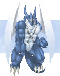 Size: 1011x1280 | Tagged: safe, artist:thefarewelled, dragon, exveemon, fictional species, reptile, feral, digimon, bipedal, claws, horn, male, simple background, smiling, solo, solo male, tail, webbed wings, wings
