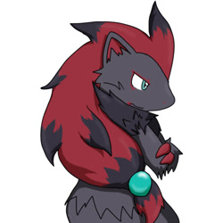 Size: 500x500 | Tagged: safe, artist:soukouryu, canine, fictional species, fox, mammal, zoroark, anthro, nintendo, pokémon, 1:1, fur, grin, low res, simple background, solo, tail, tan background