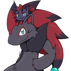 Size: 500x500 | Tagged: safe, artist:soukouryu, canine, fictional species, fox, mammal, zoroark, zorua, anthro, feral, nintendo, pokémon, duo, fur, grin, low res, simple background, smiling, tail, white background