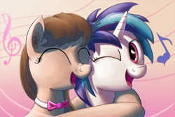 Size: 1500x1008 | Tagged: safe, artist:meater6, octavia melody (mlp), vinyl scratch (mlp), earth pony, equine, fictional species, mammal, pony, unicorn, feral, friendship is magic, hasbro, my little pony, bow tie, clothes, duo, duo female, eyes closed, female, female/female, fur, heart, horn, hug, music score, nuzzling, one eye closed, open mouth, scratchtavia (mlp), shipping, smiling, treble clef, winking