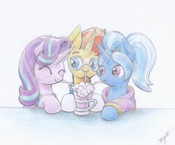 Size: 982x813 | Tagged: safe, artist:xeviousgreenii, starlight glimmer (mlp), sunburst (mlp), trixie (mlp), equine, fictional species, mammal, pony, unicorn, feral, friendship is magic, hasbro, my little pony, 2d, cute, drinking, eyes closed, female, food, fur, glasses, group, horn, male, mare, round glasses, signature, smiling, stallion, trio