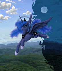 Size: 786x907 | Tagged: safe, artist:choedan-kal, princess luna (mlp), alicorn, equine, fictional species, mammal, pony, feral, friendship is magic, hasbro, my little pony, clothes, cloud, crown, day, female, flying, fur, grass, horn, mare, mixed media, moon, night, peytral, regalia, shoes, sky, smiling, solo, solo female, spread wings, tail, wings