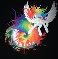 Size: 880x907 | Tagged: dead source, safe, artist:miz-jynx, rainbow dash (mlp), equine, fictional species, mammal, pegasus, pony, feral, friendship is magic, hasbro, my little pony, feathered wings, feathers, female, flying, fur, mare, rainbow, smiling, solo, solo female, spread wings, super form, tail, wings