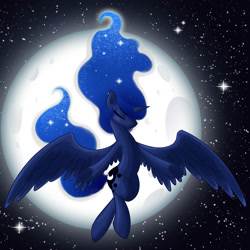 Size: 2000x2000 | Tagged: safe, artist:kelisah, princess luna (mlp), alicorn, equine, fictional species, mammal, pony, feral, friendship is magic, hasbro, my little pony, ethereal mane, eyes closed, feathered wings, feathers, female, flying, fur, high res, horn, mare, moon, night, solo, solo female, spread wings, stars, tail, wings