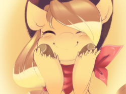 Size: 400x300 | Tagged: safe, artist:clasherz, applejack (mlp), earth pony, equine, fictional species, mammal, pony, feral, friendship is magic, hasbro, my little pony, clothes, cowboy hat, eyes closed, female, fur, hat, low res, mare, scarf, smiling, solo, solo female, tail