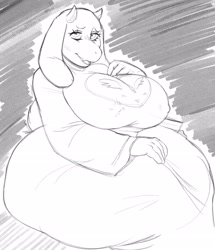 Size: 2559x2973 | Tagged: suggestive, artist:huwon, toriel (undertale), bovid, goat, mammal, anthro, undertale, 2020, big breasts, black and white, blushing, breasts, clothes, dress, female, fur, grayscale, high res, hyper, hyper thighs, looking at you, monochrome, nipple outline, solo, solo female