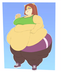 Size: 4200x4940 | Tagged: suggestive, artist:huwon, liz bandicoot (crash bandicoot), bandicoot, mammal, marsupial, anthro, crash bandicoot (series), 2019, absurd resolution, belly button, belly grab, breasts, doughnut, fat, female, food, fur, gradient background, huge belly, huge breasts, obese, sneakers, solo, solo female, thick thighs, thighs, white outline