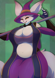 Size: 2952x4177 | Tagged: suggestive, artist:asaneman, canine, fictional species, mammal, vulpera, anthro, blizzard entertainment, world of warcraft, belly, big breasts, breasts, cleavage, female, fur, slightly chubby, solo, solo female, tail, witch hat