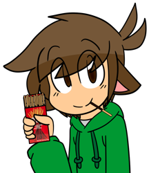 Size: 608x705 | Tagged: safe, artist:xxjerra-chanxx, animal humanoid, cat, feline, fictional species, mammal, humanoid, blushing, box, brown eyes, brown hair, chibi, clothes, cute, eating, edd gould (eddsworld), eddsworld, food, fur, hair, hand hold, holding, hoodie, looking at you, male, pocky, simple background, smiling, solo, solo male, species swap, topwear, transparent background